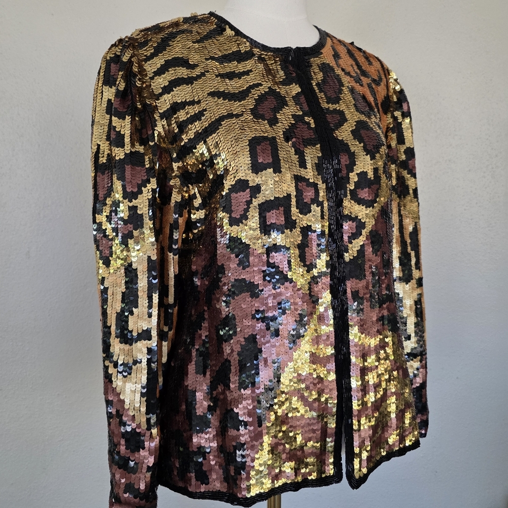 Vintage Laurence Kazar Silk Sequin Animal Print Jacket Gold Leopard Statement L